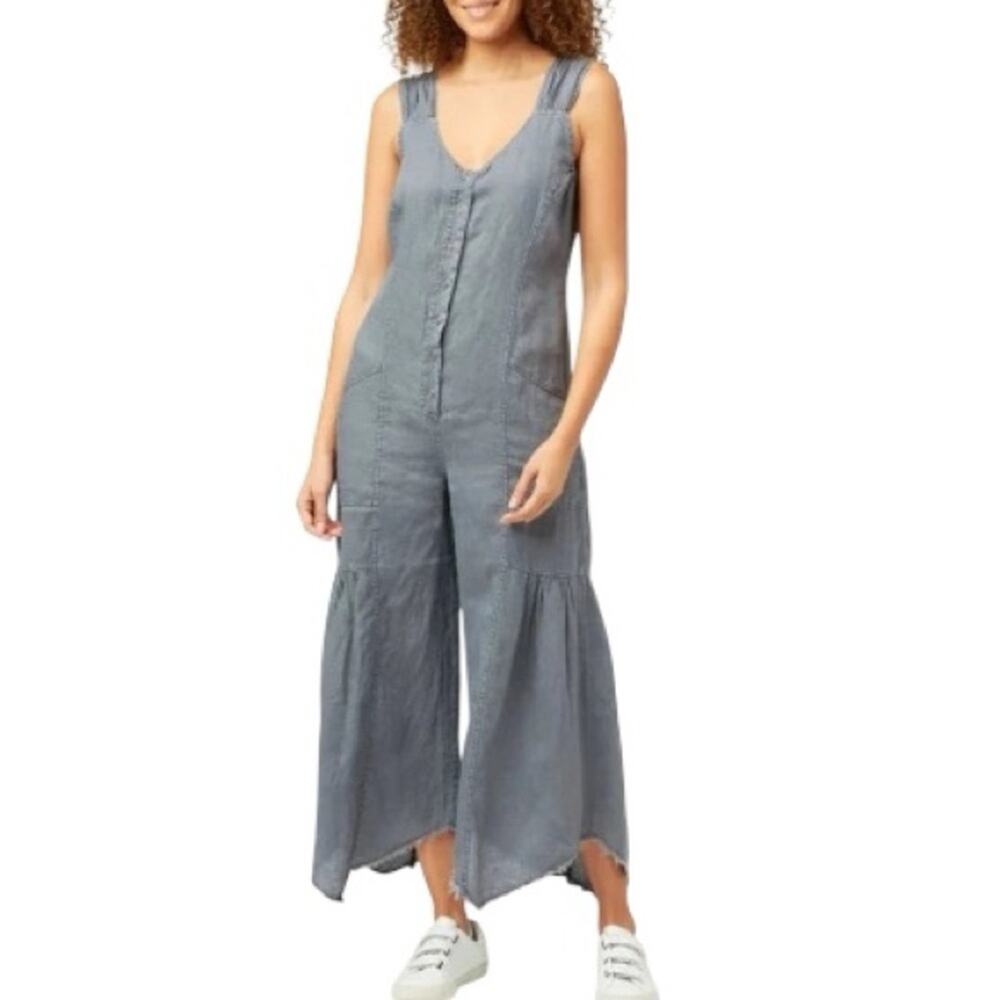 XCVI Women’s Fang Sharkbite Jumpsuit Sleeveless Gray Wide Leg 100% Linen sz XL